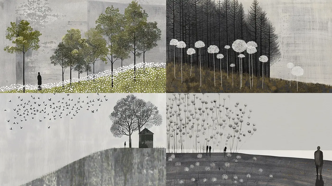 Ethereal Monochrome Vistas: A Study in Stark Contrast and Natural Tranquility - Midjourney sref style