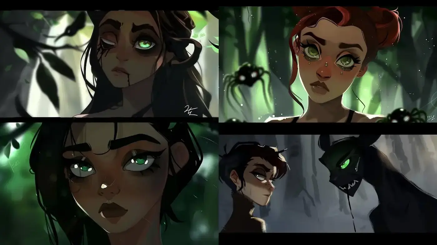 Dynamic and Mysterious Fantasy Illustration Style with Enigmatic Characters - Midjourney sref style