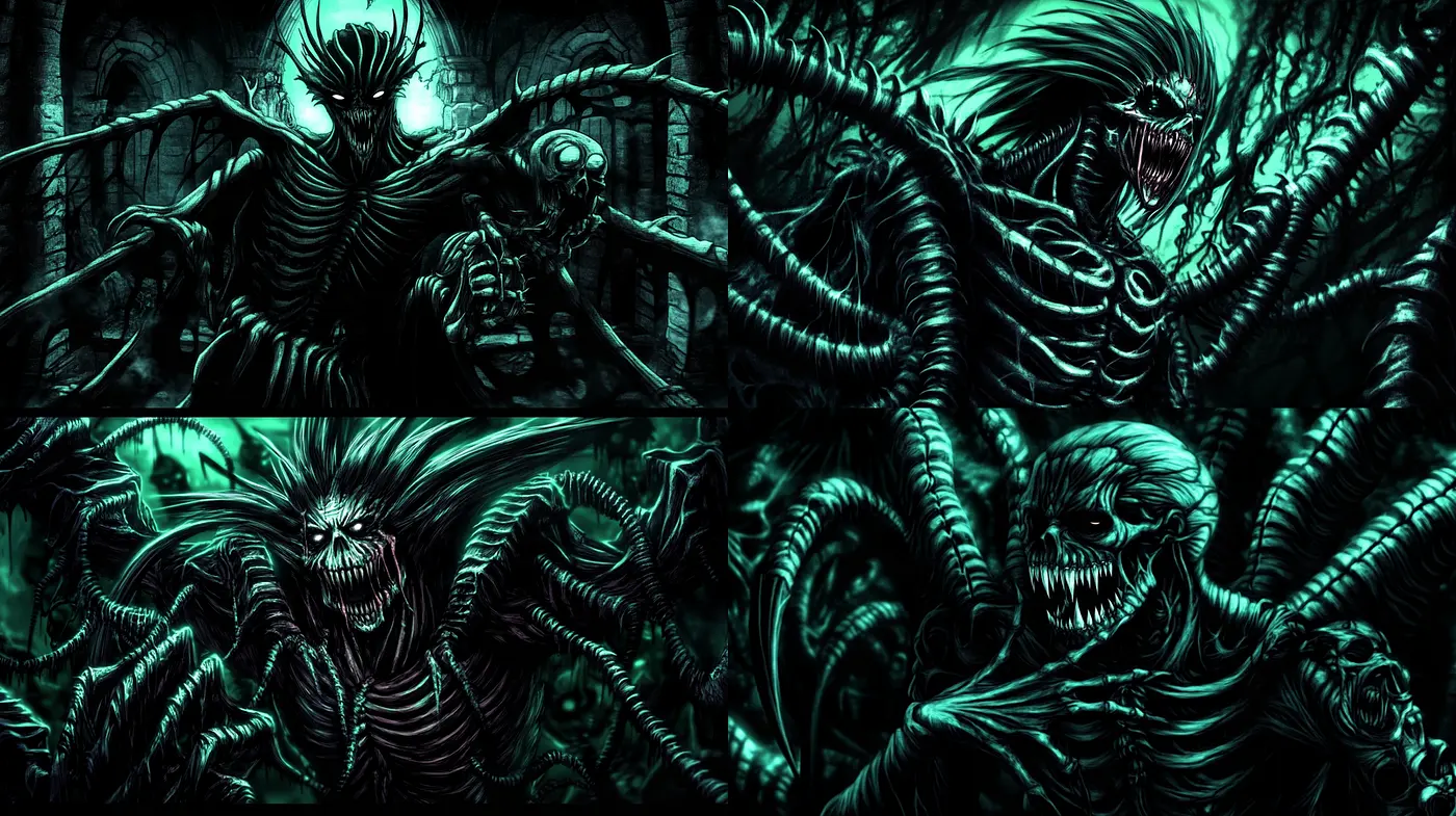 Dark, intricate visual narrative with a macabre vibe - Midjourney sref style