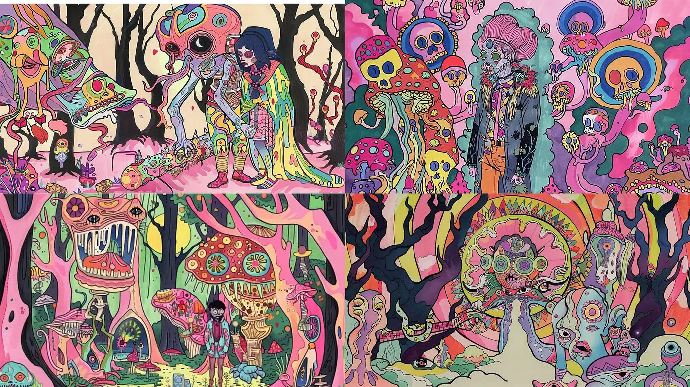 Psychedelic Whimsy: A Fusion of Vibrant Hues and Surreal Imaginings - Midjourney sref style