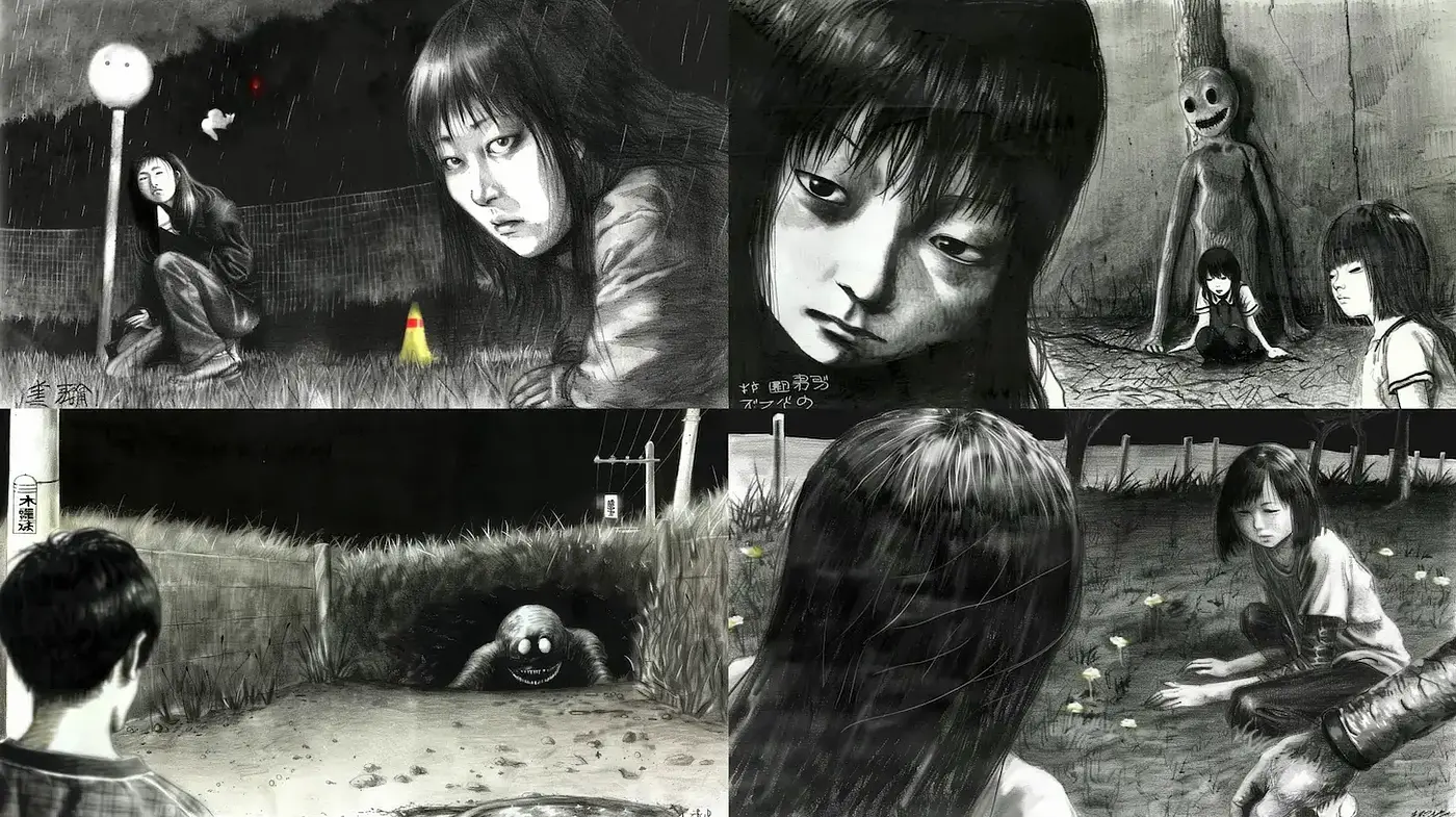 Surreal and Darkly Atmospheric Illustration with a Monochromatic Palette - Midjourney sref style
