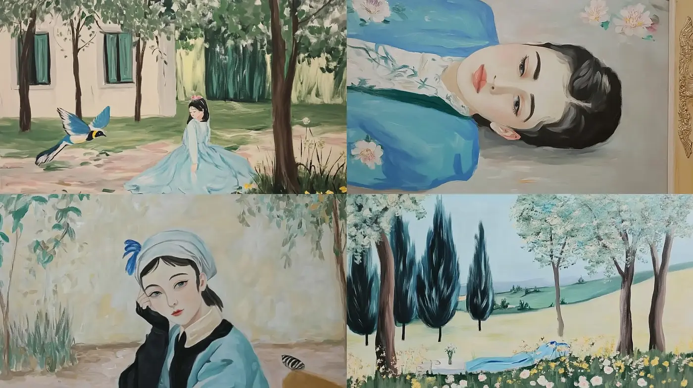 Serene Pastoral Elegance: A Fusion of East Asian Serenity and Impressionist Nature - Midjourney sref style