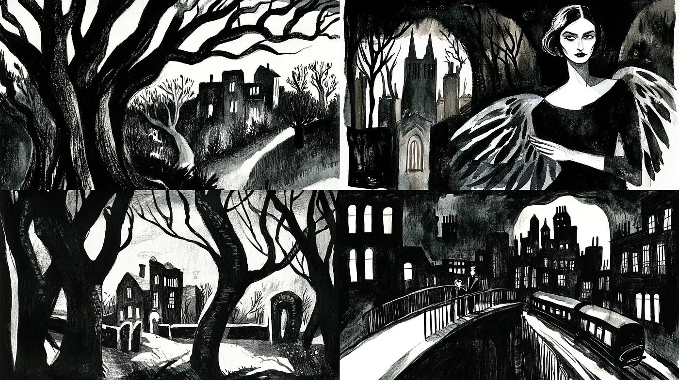 Monochromatic Gothic Reverie: A Homage to Stark Shadows and Contrasting Lights - Midjourney sref style
