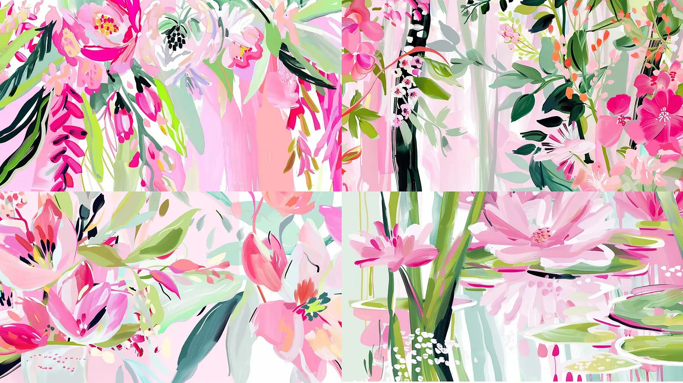 Harmonious Blend of Vivid Florals and Dynamic Brushwork - Midjourney sref style