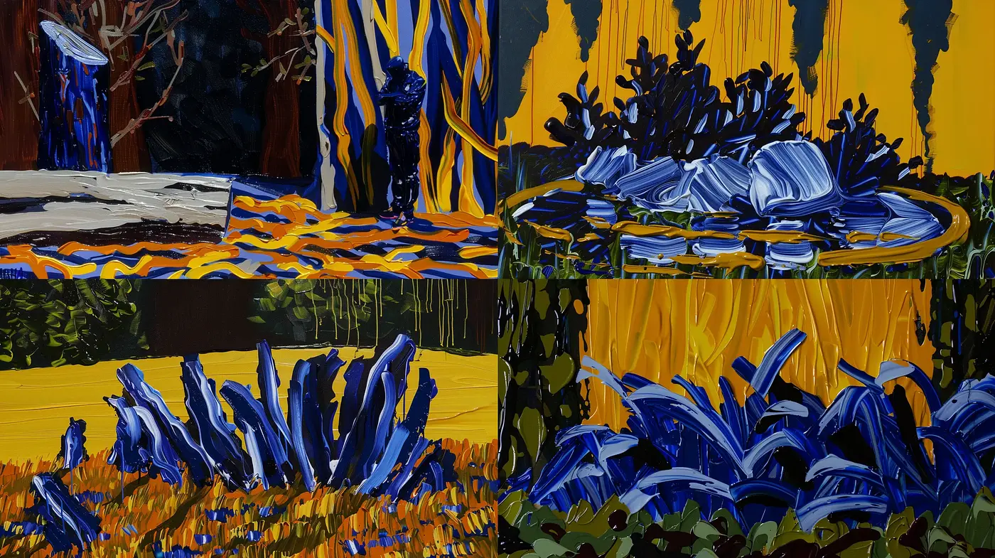 Vibrant Expressionist Exploration in Bold Blues and Vivid Yellows - Midjourney sref style
