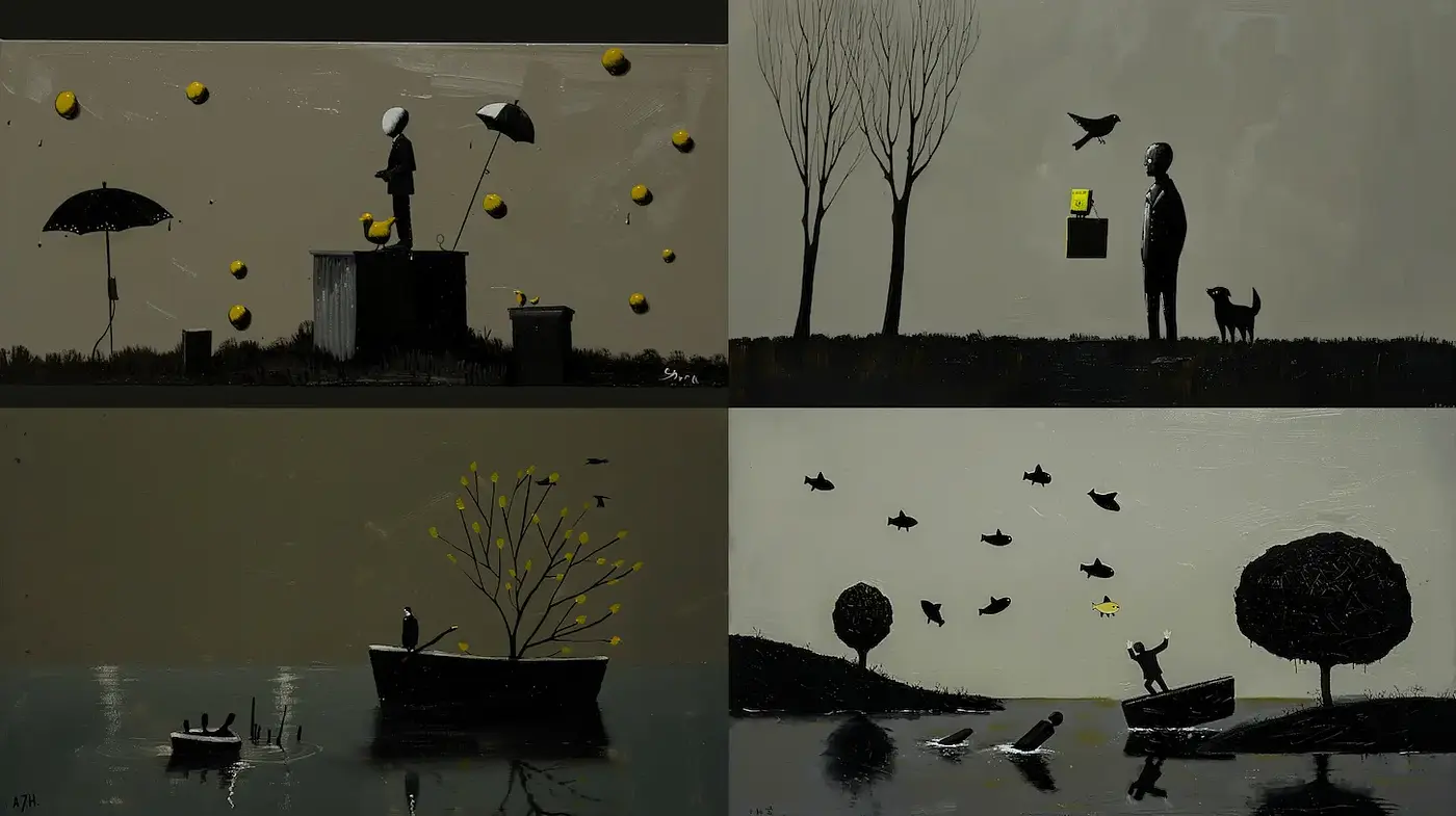 Minimalistic and Surreal Illustrations with a Monochrome Palette - Midjourney sref style