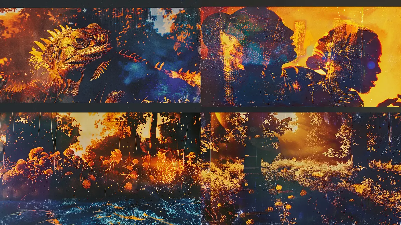 Surreal Fusion of Nature and Myth: A Tapestry of Fiery Tones and Dreamscapes - Midjourney sref style