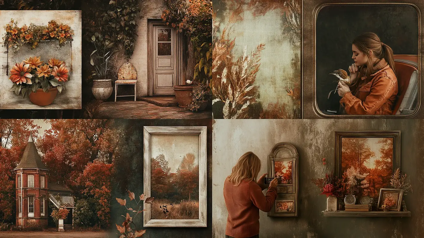 Autumnal Hues and Nostalgic Textural Harmony - Midjourney sref style
