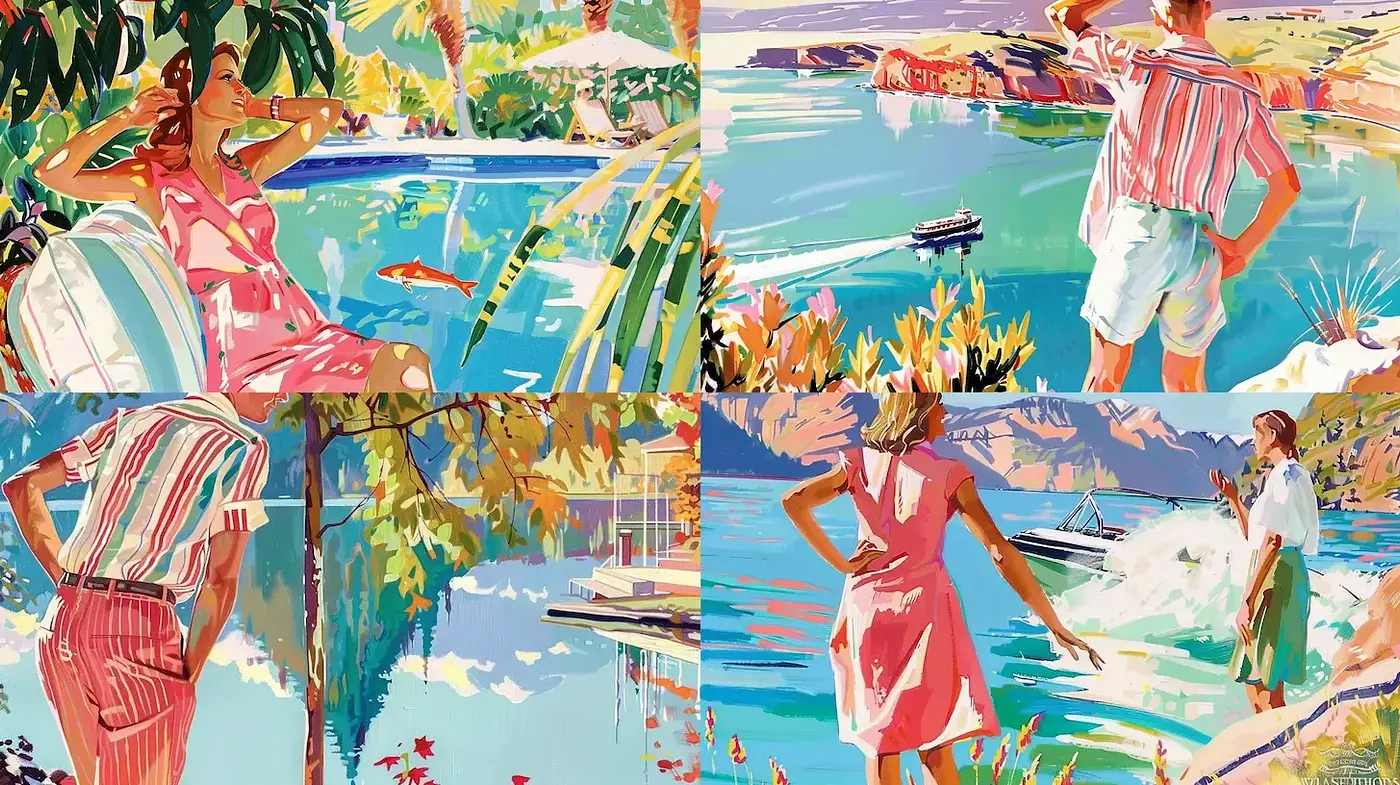 Vibrant Retro Tropical Scenes with a Lively Summer Vibe - Midjourney sref style