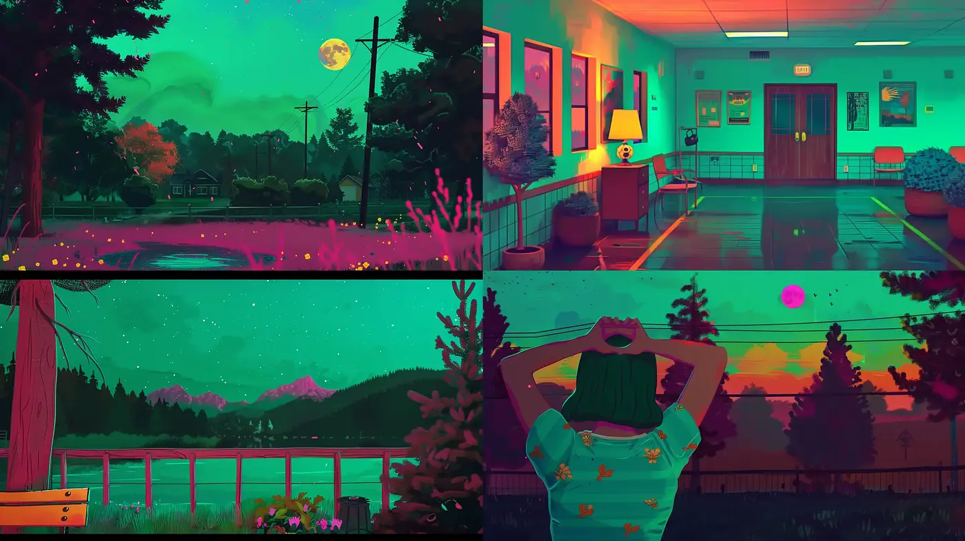 Neon Retro Dreamscape with Surrealist Touches - Midjourney sref style
