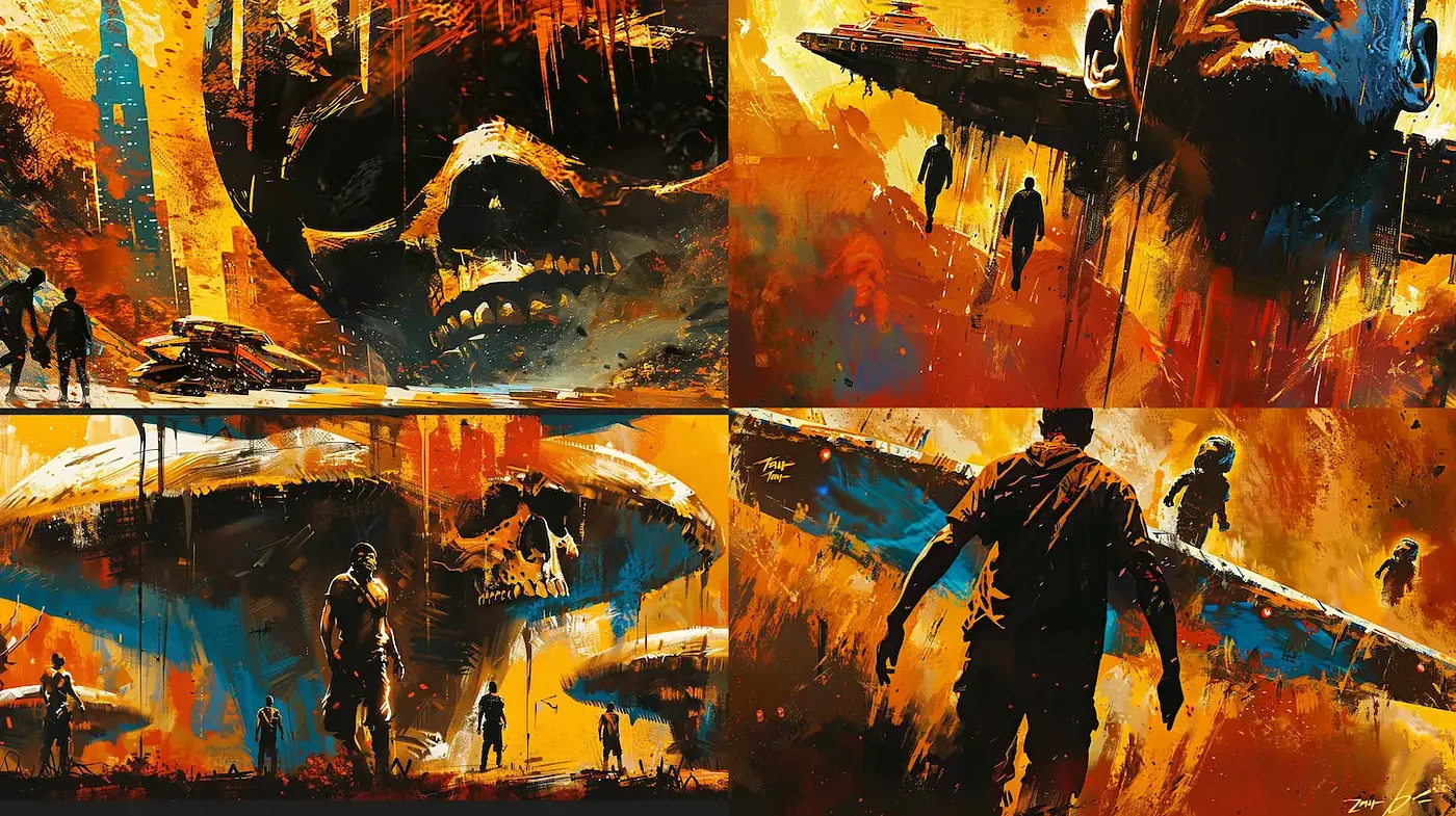 Dynamic and Intense Sci-Fi Artwork with Abstract Elements - Midjourney sref style