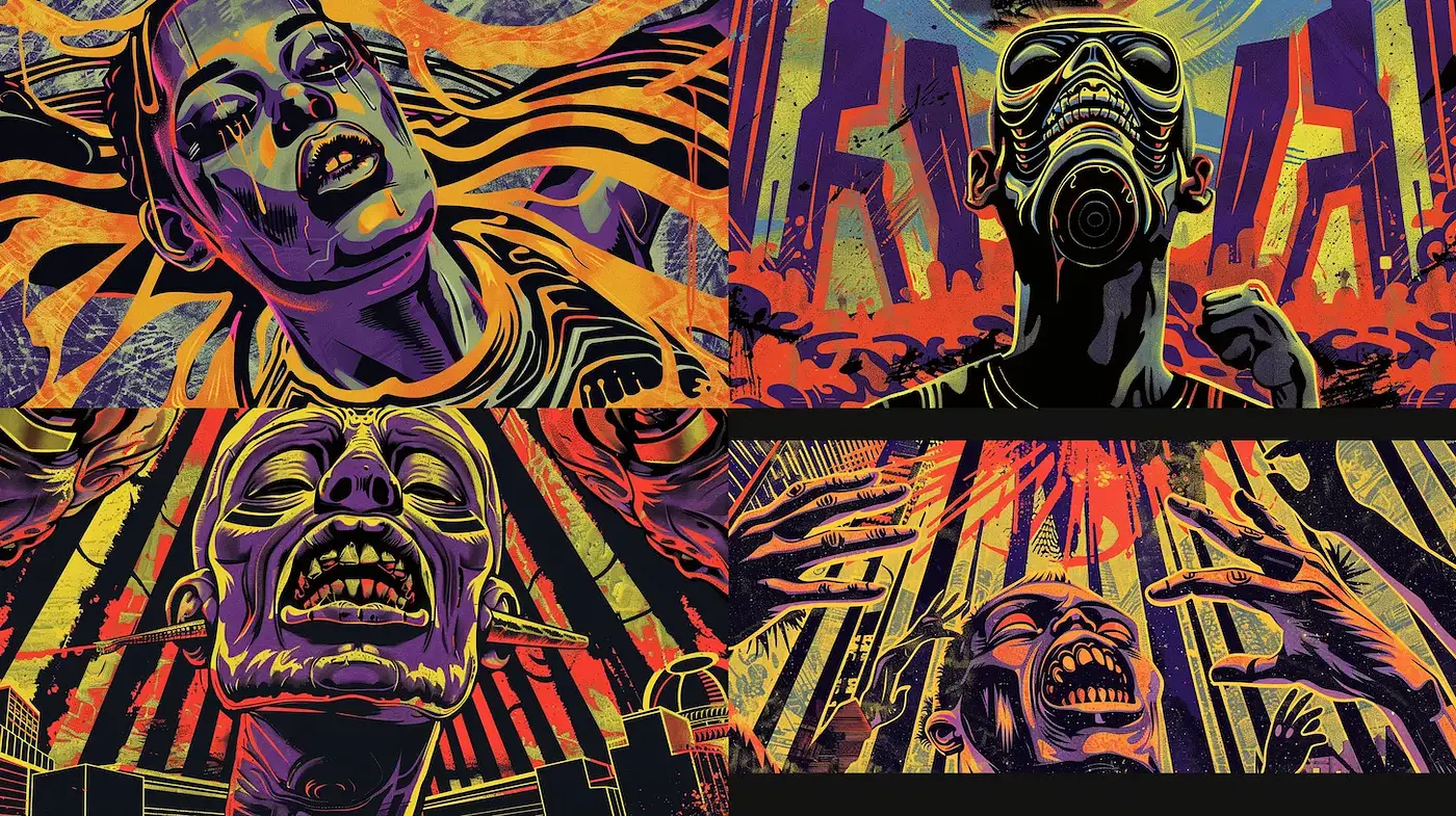 Vibrant and vivid graphic style with a striking post-apocalyptic aesthetic - Midjourney sref style