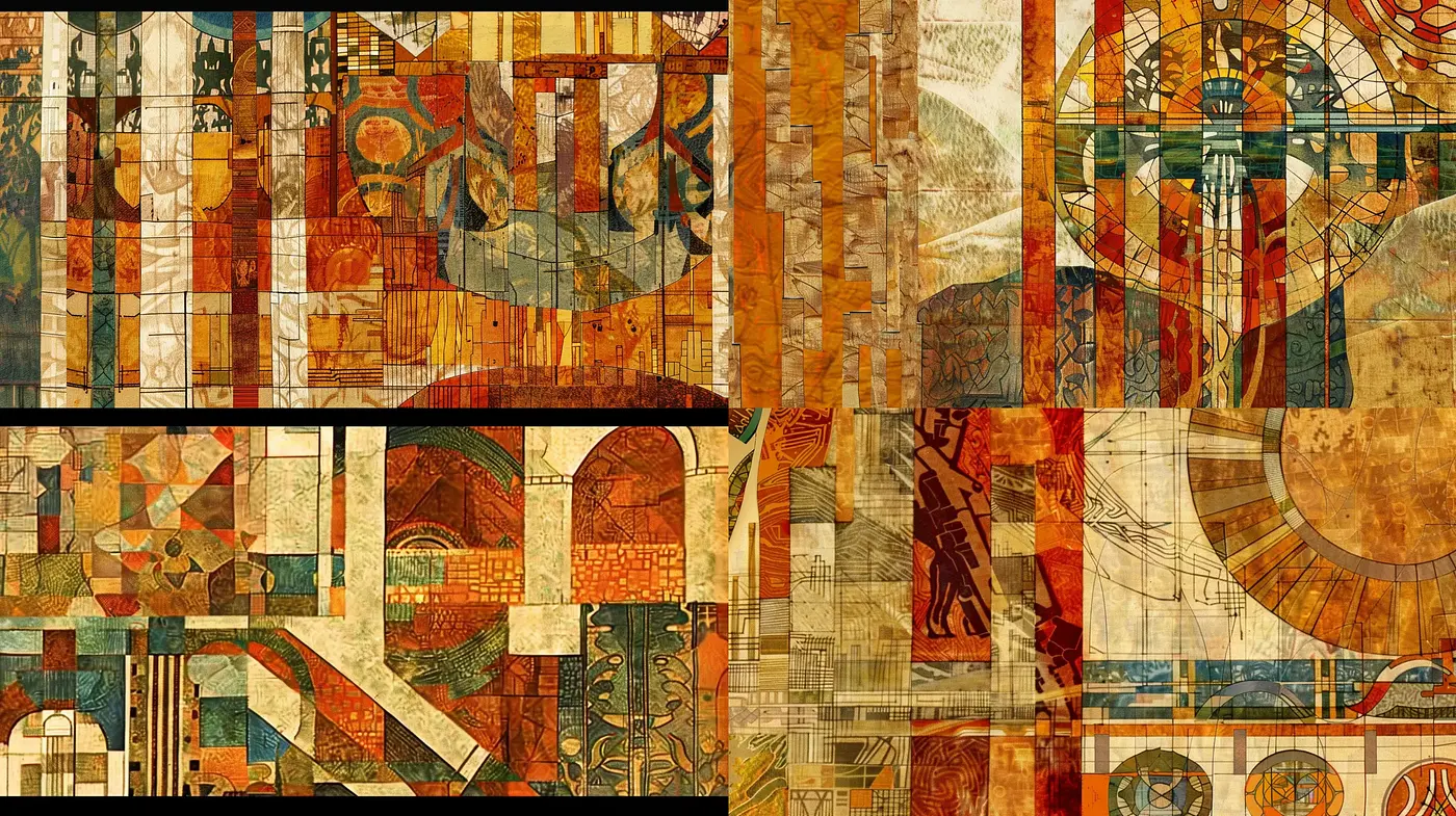 Abstract Geometric Collage with Rich Earth Tones and Vintage Textural Influences - Midjourney sref style