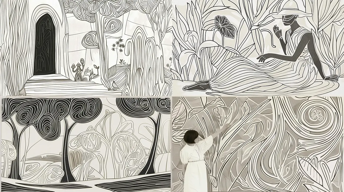 Monochromatic Whimsical Woodcut Narratives - Midjourney sref style