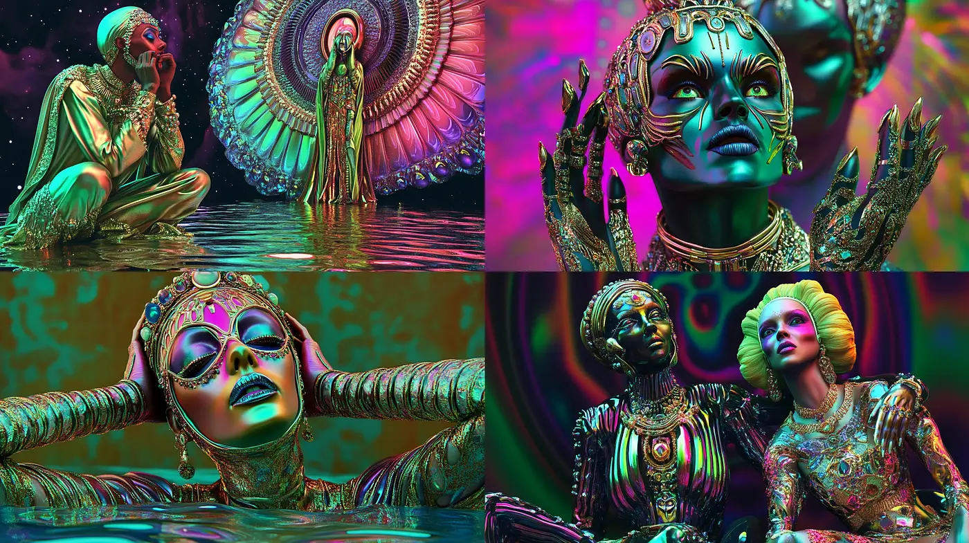 Iridescent Cyber Baroque Extravaganza - Midjourney sref style
