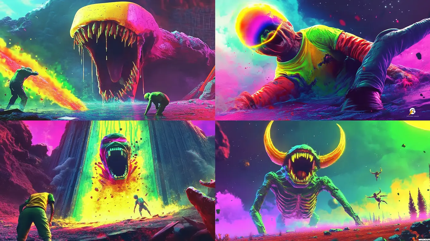 Psychedelic Surrealist Nightmare: A Fusion of Hues and Horrors - Midjourney sref style
