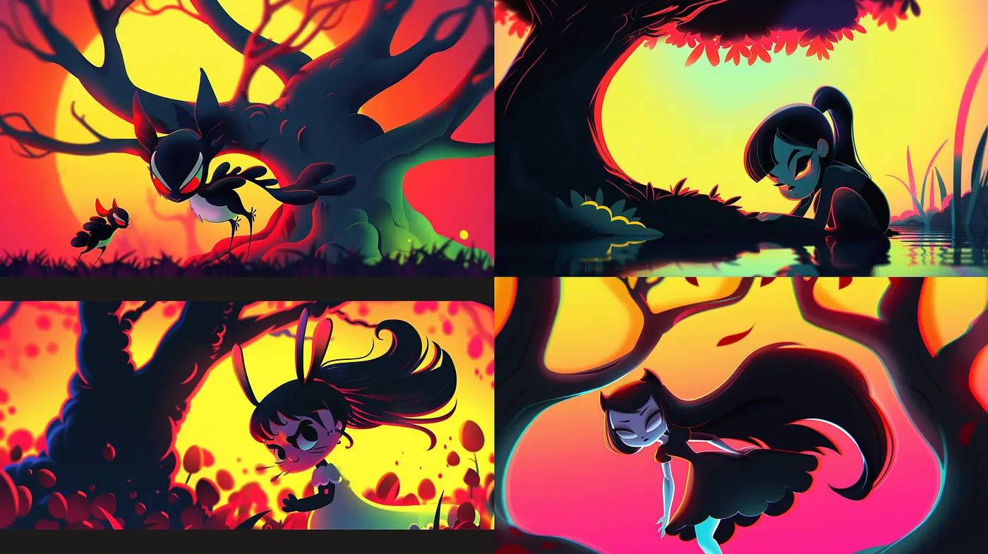 Luminous Contrast in Enigmatic Silhouette - A Vivid Tale Told in Saturated Hues and Shadows - Midjourney sref style