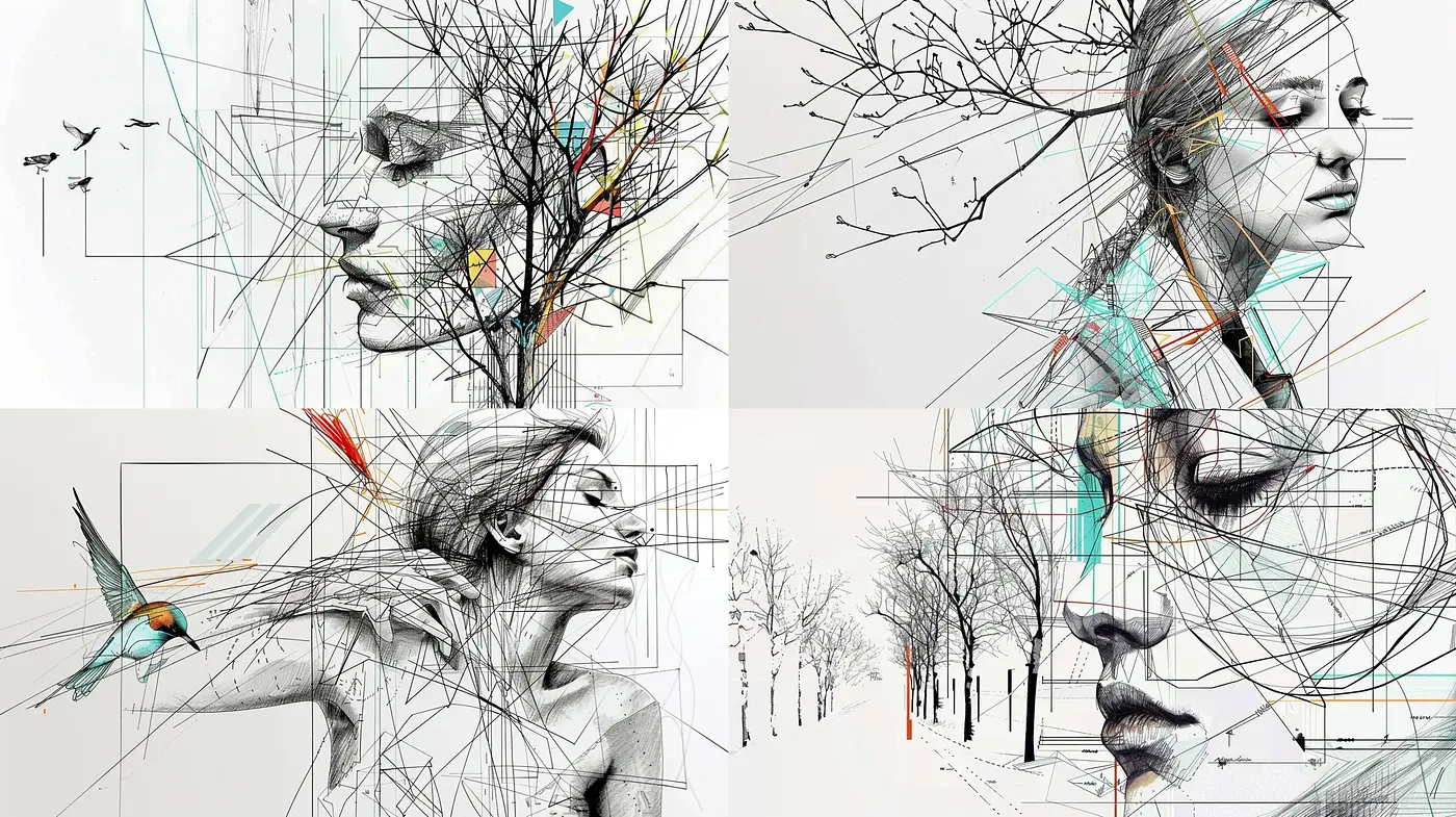 Architectural Synthesis with Portraiture in a Minimalist Monochrome - Midjourney sref style