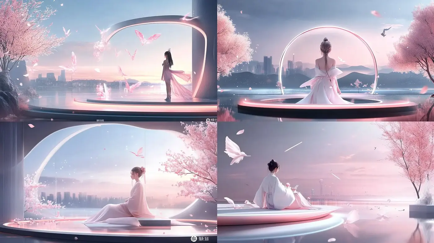 Ethereal Dawn in Blossom: A Serene Digital Utopia - Midjourney sref style