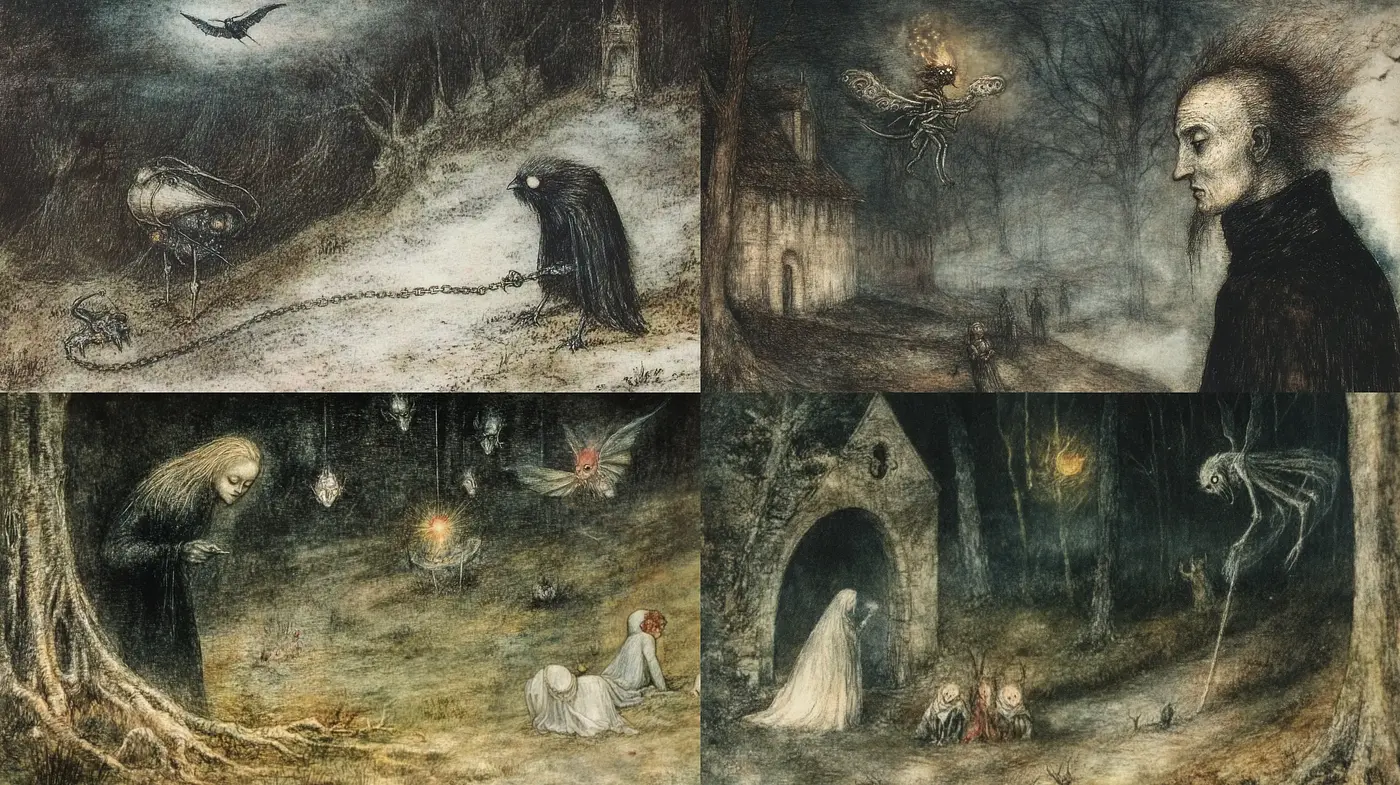 Ethereal Gothic Reverie: A Fusion of Dark Fantasy and Enigmatic Hues - Midjourney sref style