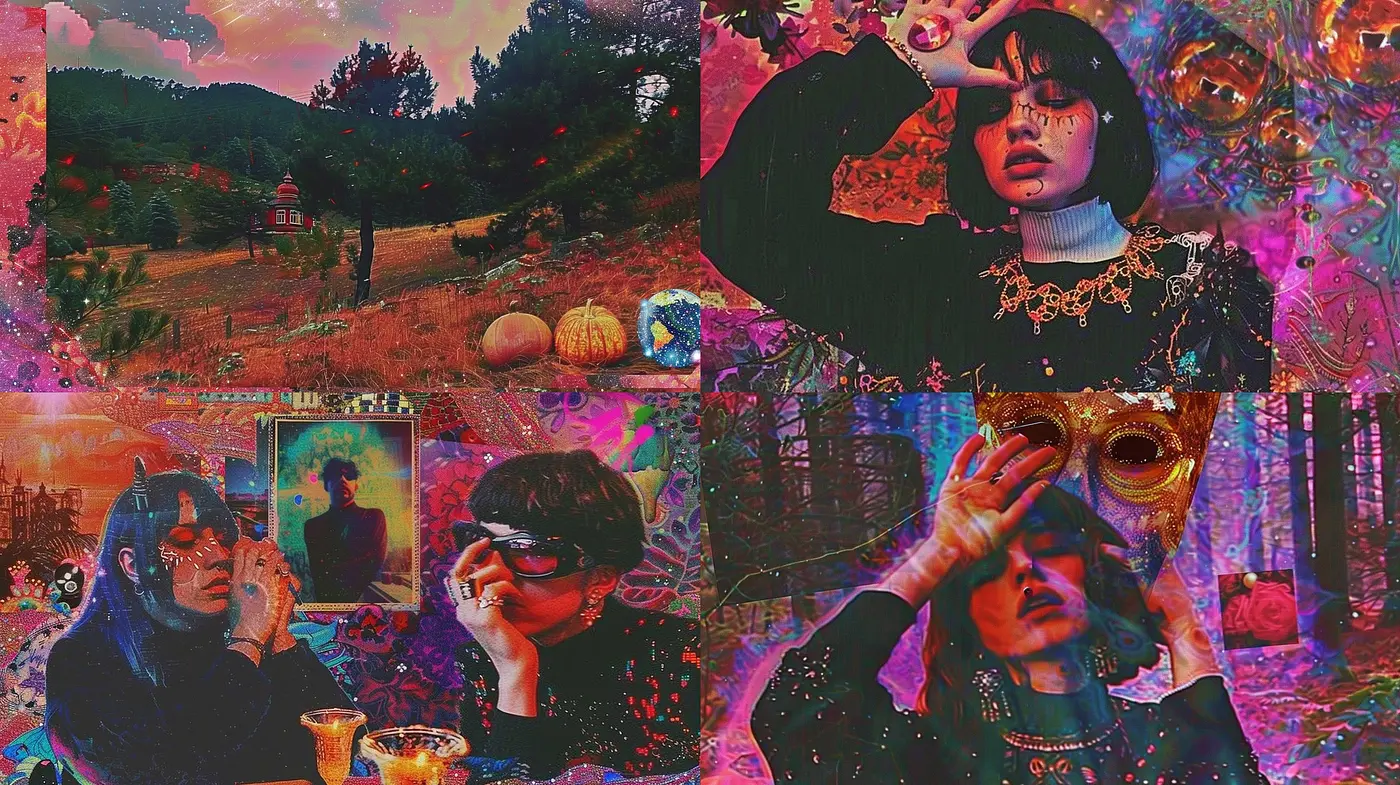 Surreal Dreamscape Fusion with Vivid Textures and Neon Nocturne Hues - Midjourney sref style