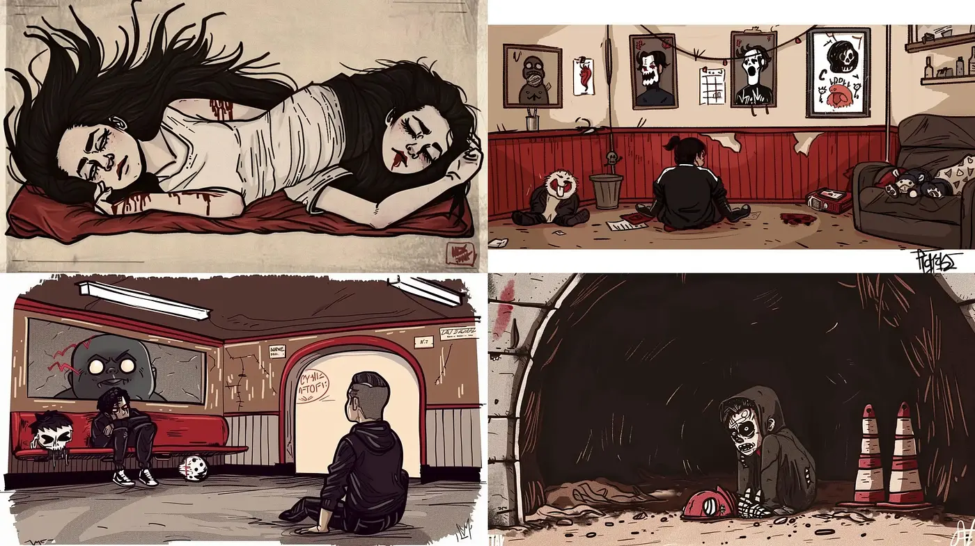 Eerie Monochromatic Storytelling Through Graphic Novel Illustrations - Midjourney sref style