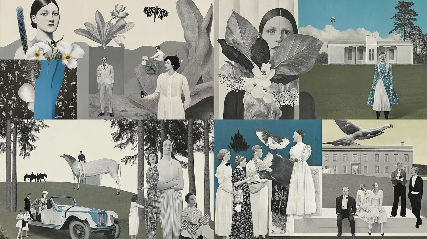 Monochromatic Retro Storybook Collage - Midjourney sref style