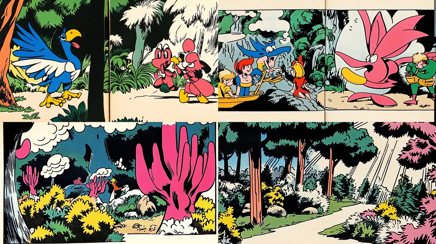 Vibrant Comic Strip Panache with Consistent Thematic Elements - Midjourney sref style