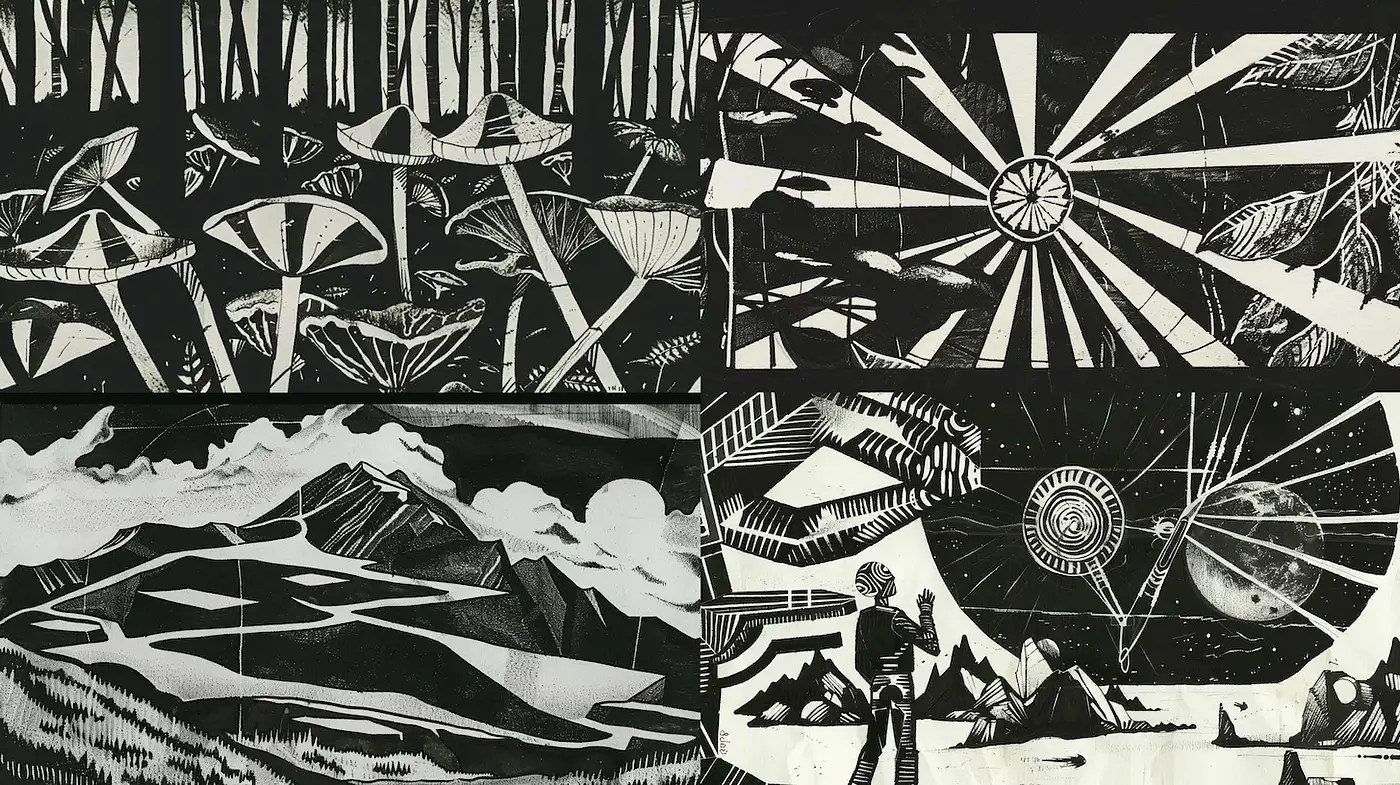 Monochromatic Nature-Inspired Illustrations with Geometric Patterns - Midjourney sref style