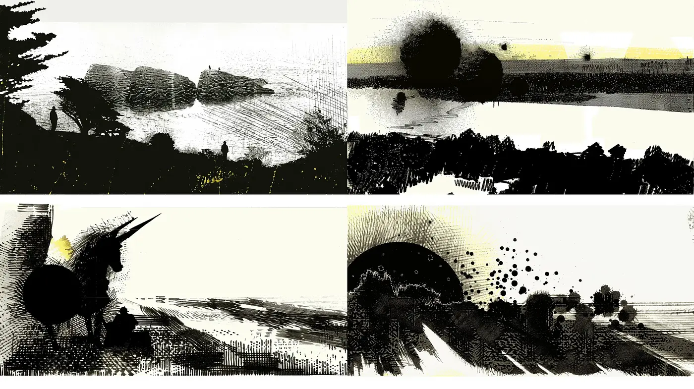 Abstract Ink Splatter with Monochrome Landscape Essence - Midjourney sref style