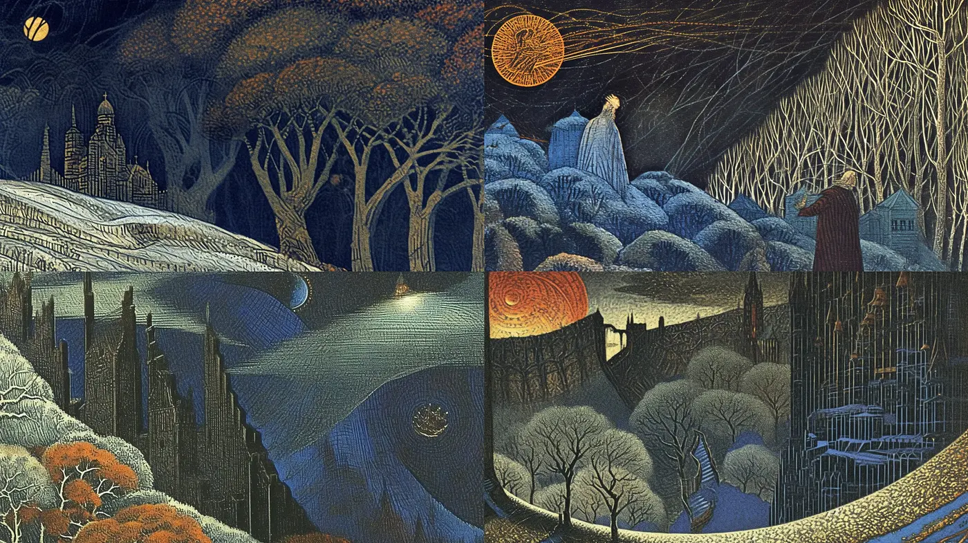 Moody Nocturnal Dreamscape with Stylized Nature and Architecture - Midjourney sref style
