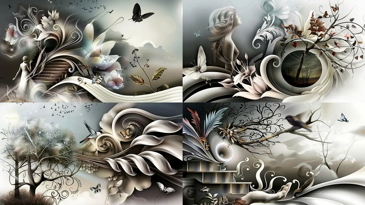 Surreal Dreamscape Fusion: An Artistic Synthesis of Fantasy and Monochromatic Elegance - Midjourney sref style