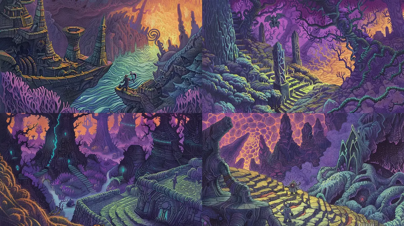 Ethereal Twilight Vistas with a Psychedelic Fantasy Twist - Midjourney sref style