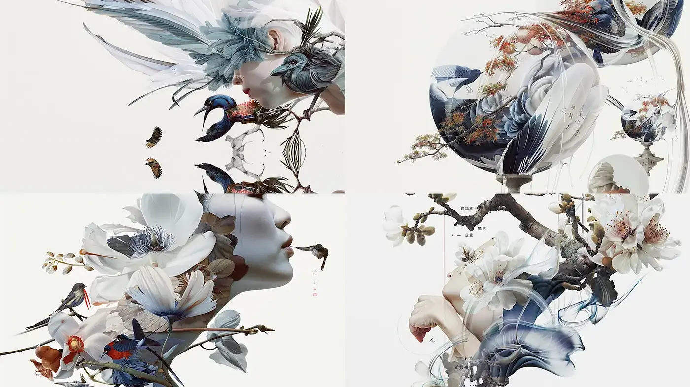 Intricate botanical aesthetics with surrealistic elements - Midjourney sref style