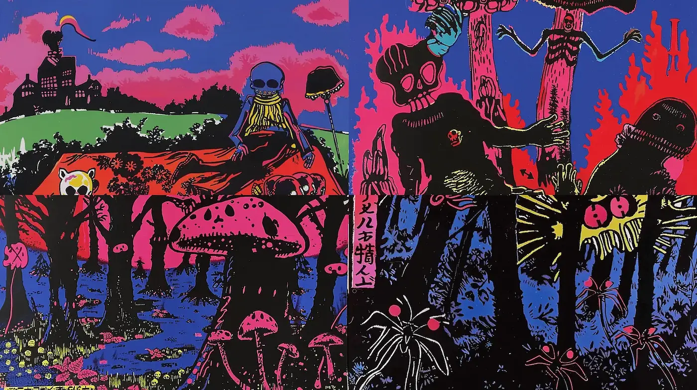Vibrant and surreal color landscape with dark undertones - Midjourney sref style