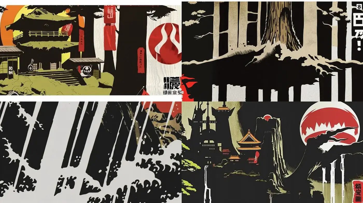 Stylized Japanese-Inspired Landscape Art with Bold Color Contrast and Graphic Shapes - Midjourney sref style