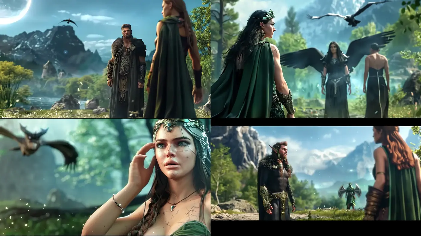 Epic Fantasy Cinematography with Lush Greenery and Mythical Ambiance - Midjourney sref style