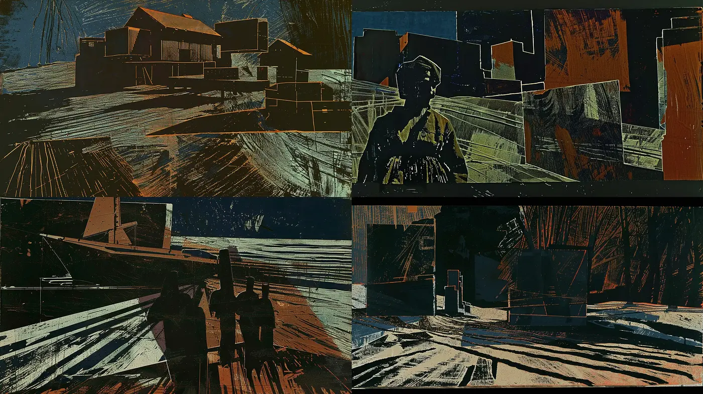 Abstract Expressionist Etchings in a Dystopian Hues Ensemble - Midjourney sref style