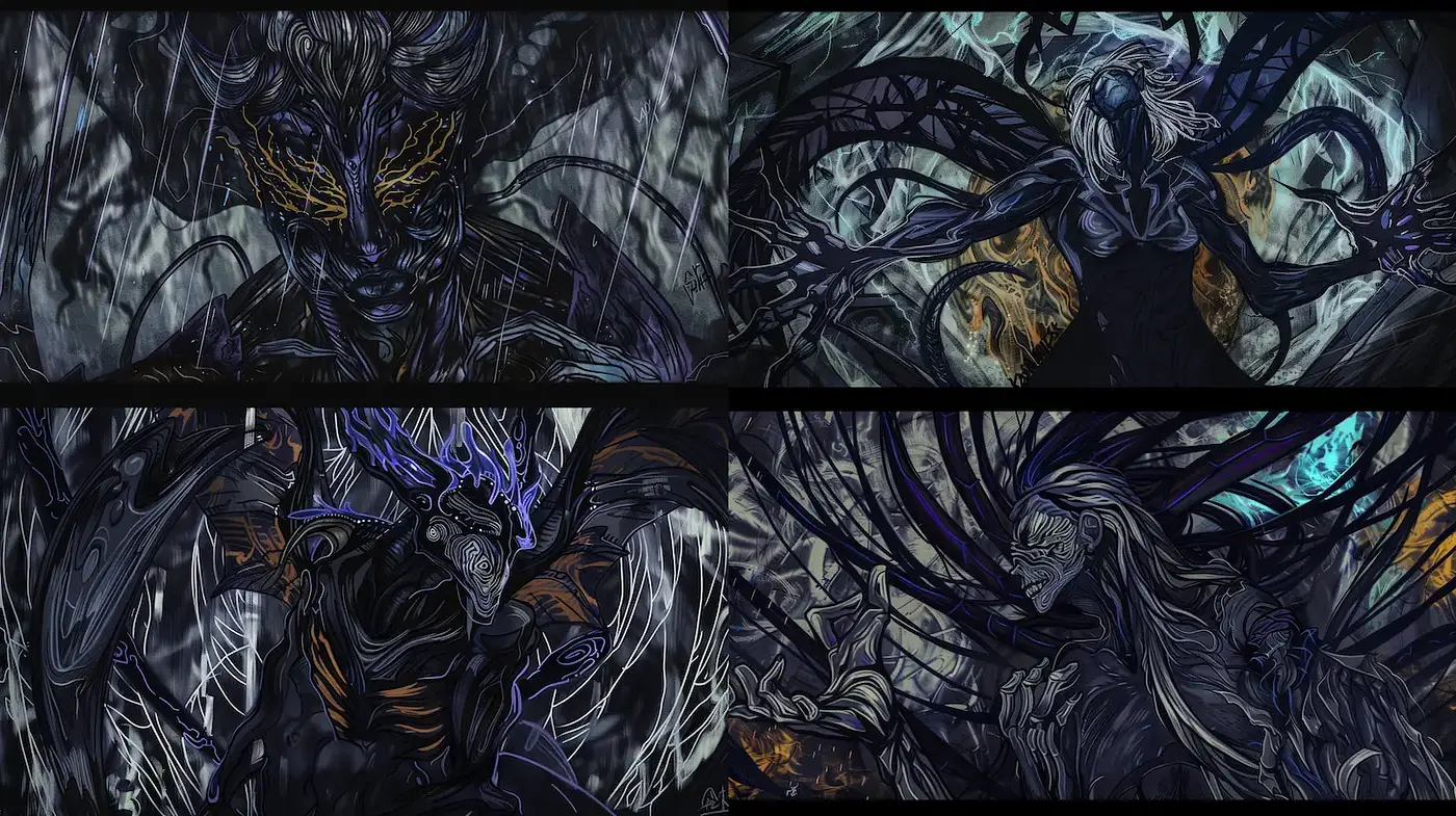 Dark and Ethereal Fantasy Art with Intricate Detail and Textural Depth - Midjourney sref style
