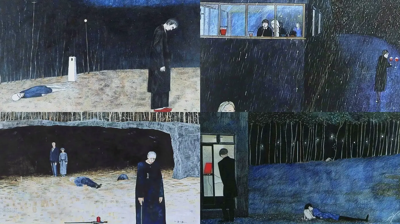 Gloomy Nocturnal Vignettes with a Surrealist Undertone - Midjourney sref style