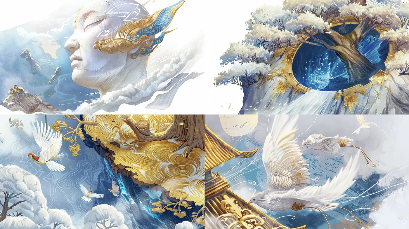 Ethereal Dreamscape in Hues of Blues and Golds: An Artistic Homage to Serenity and Nature's Harmony - Midjourney sref style