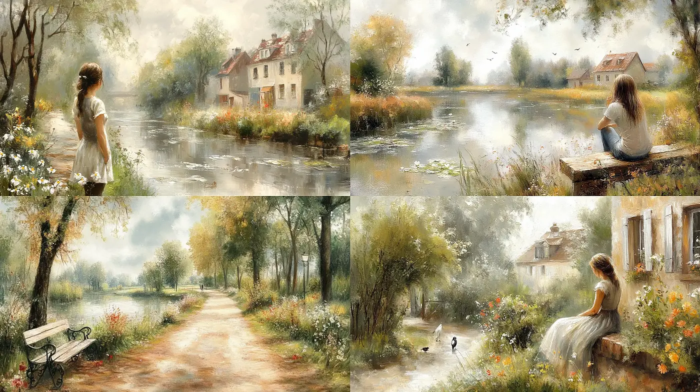 Ethereal Serenity in Pastoral Vistas: A Harmony of Soft Natural Hues with Impressionist Undertones - Midjourney sref style