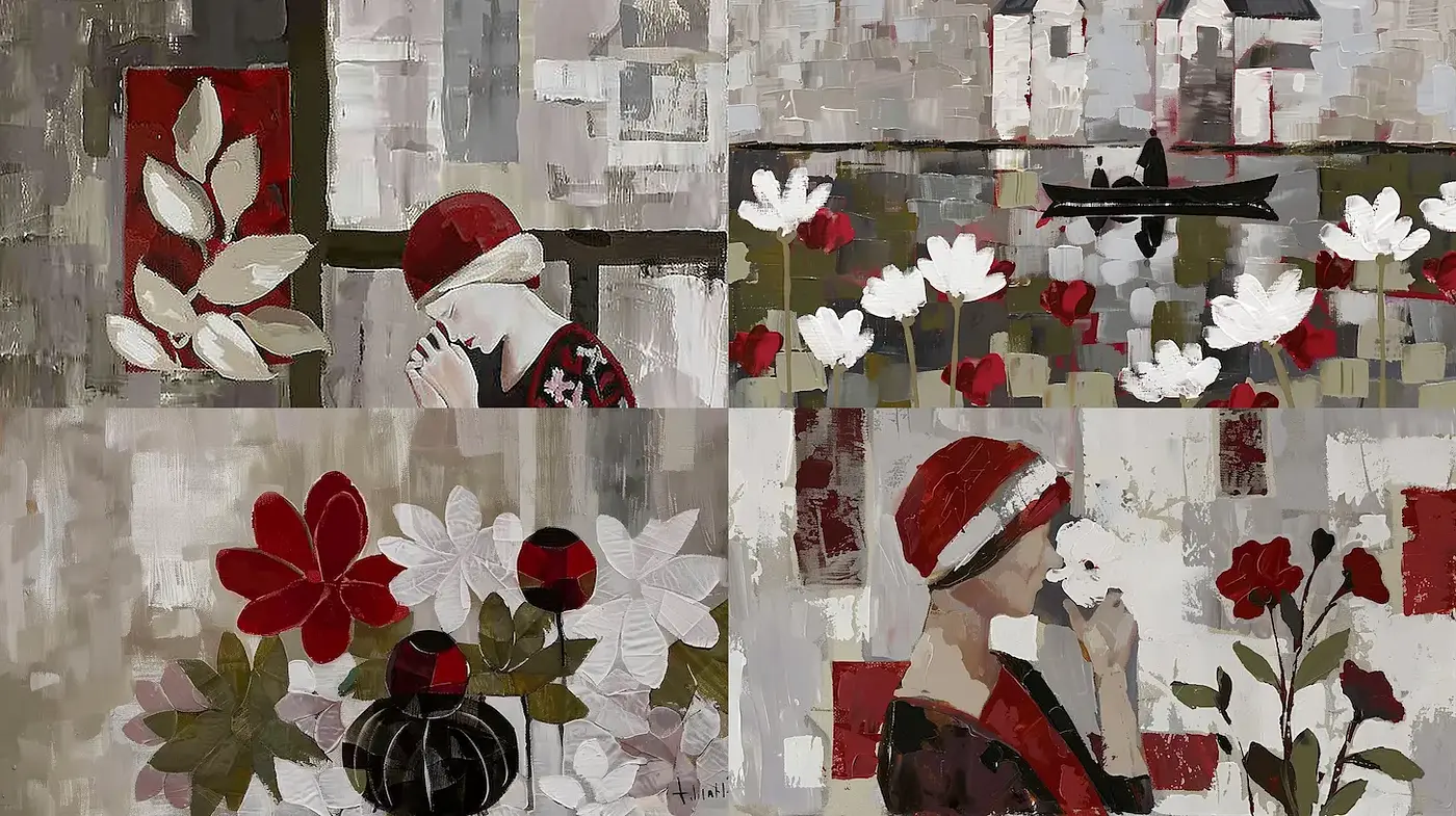 Abstract Floral and Figurative Composition with a Modernist Touch - Midjourney sref style