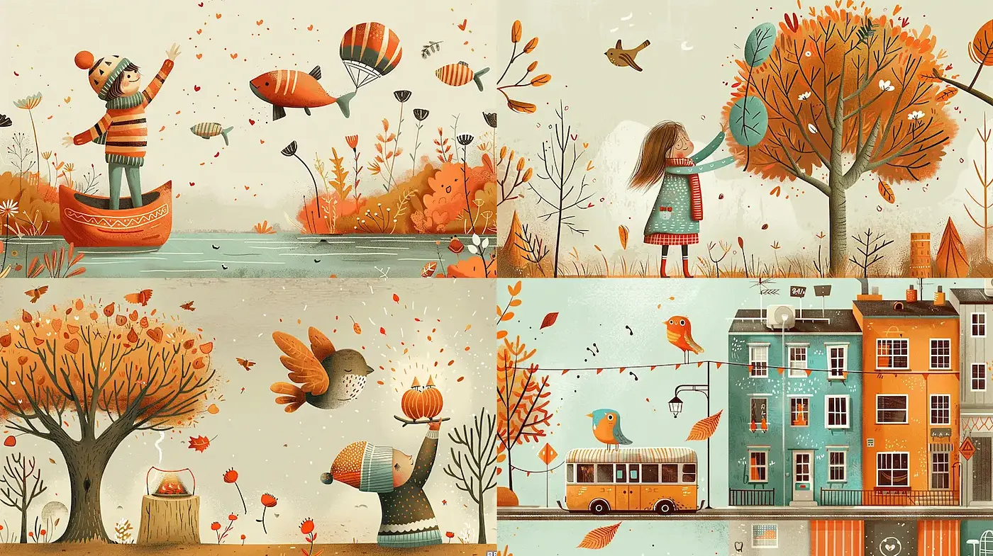 Whimsical Scenes of Autumnal Delight in a Playful Artistic Style - Midjourney sref style
