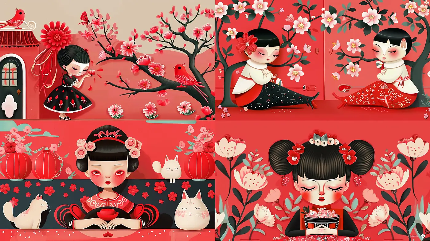 Red Blossom Euphoria: A Whimsical Fusion of Traditional Asian Art and Modern Stylization - Midjourney sref style
