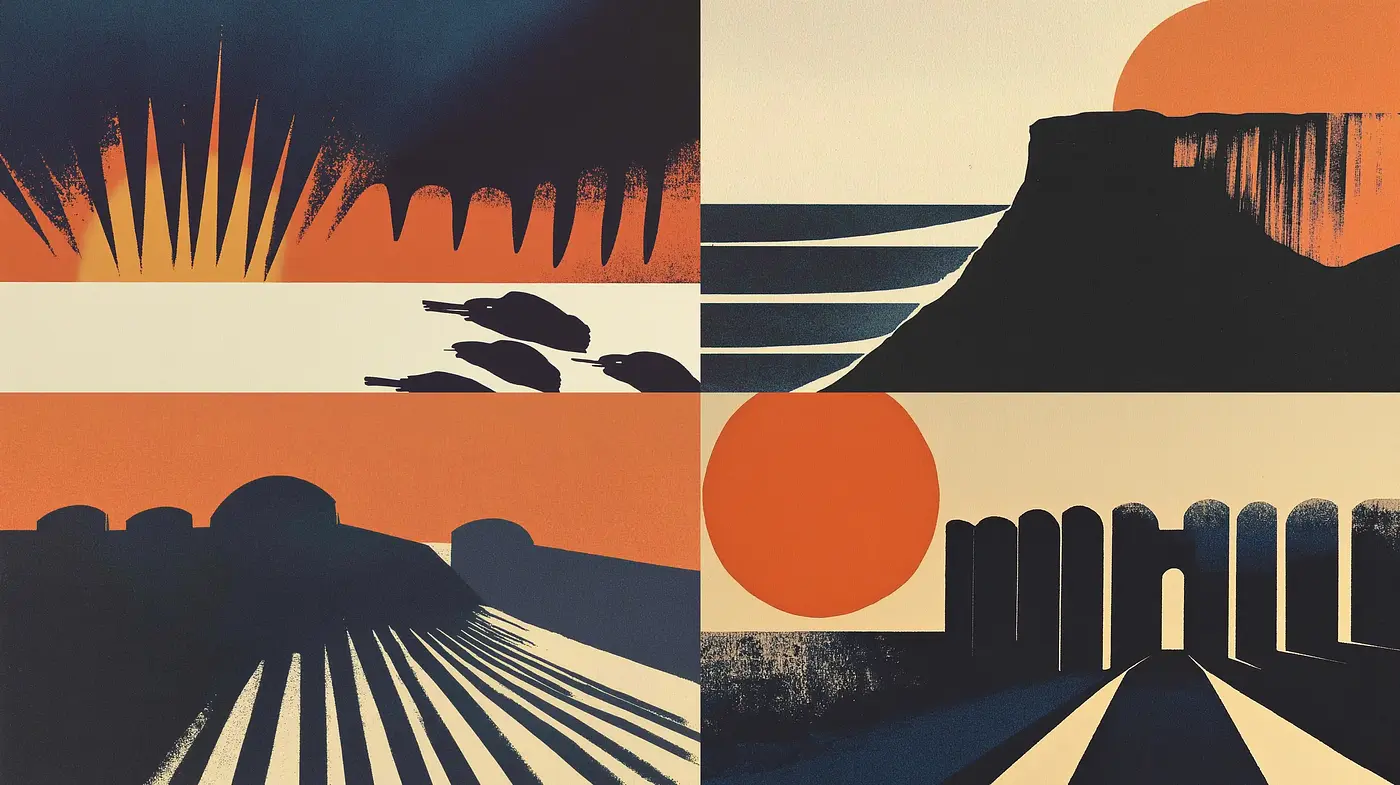 Sundown Silhouettes: A Study in Contrast and Minimalist Shapes - Midjourney sref style