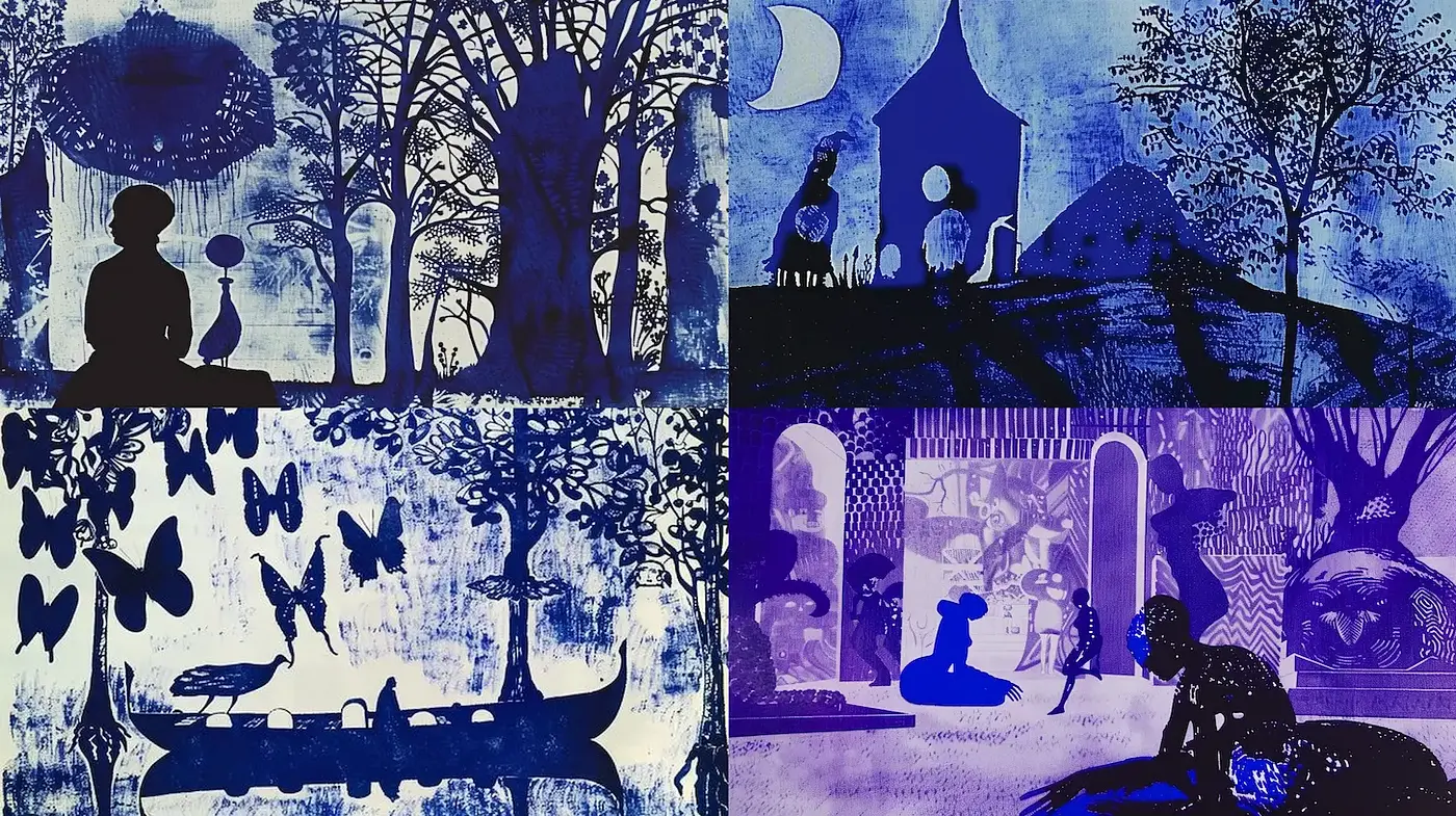 Cohesive Blue-Toned Art with Mystical Elements and Organic Motifs - Midjourney sref style
