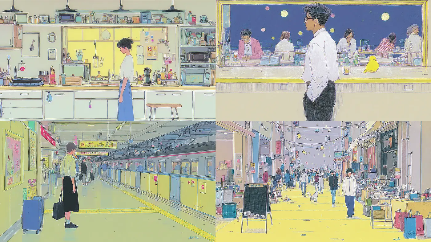Dreamy, pastel-toned cityscapes showcasing contemporary life with subtle emotional depth - Midjourney sref style