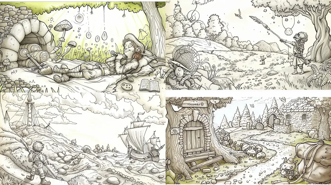 Whimsical Ink Illustrations with Playful Character Interactions and Natural Elements - Midjourney sref style