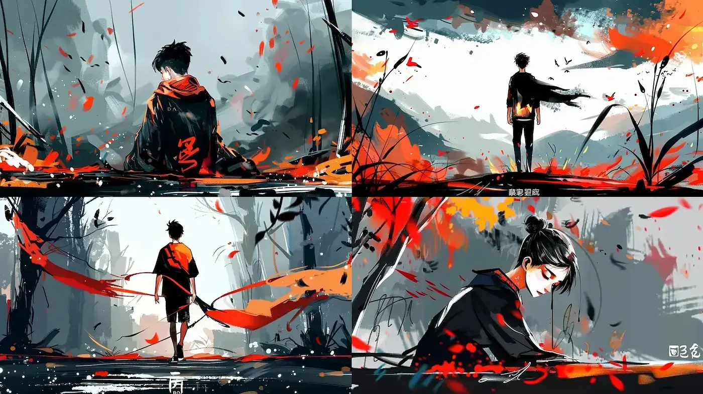 Dynamic Balance of Color and Emotion in a Stylized Narrative - Midjourney sref style